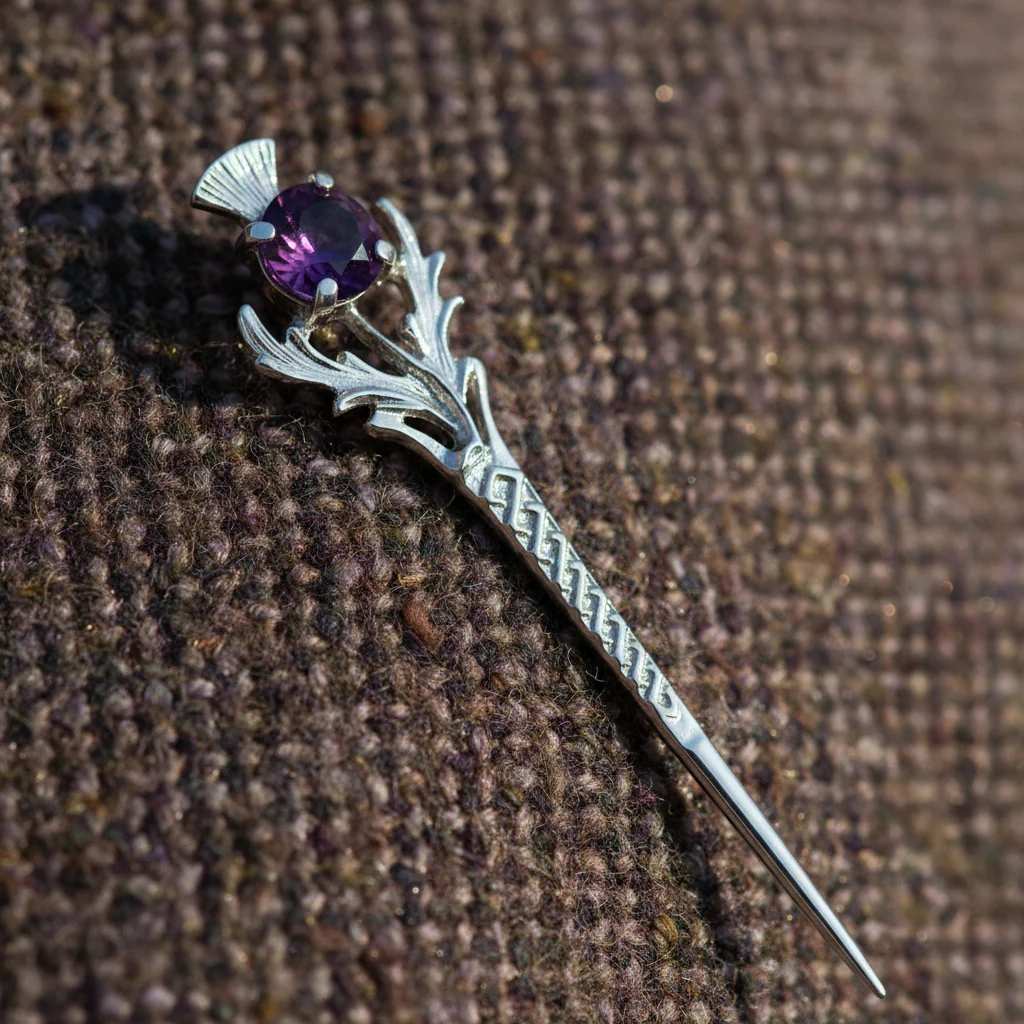 Scottish Thistle Kilt Pin with Dark Amethyst