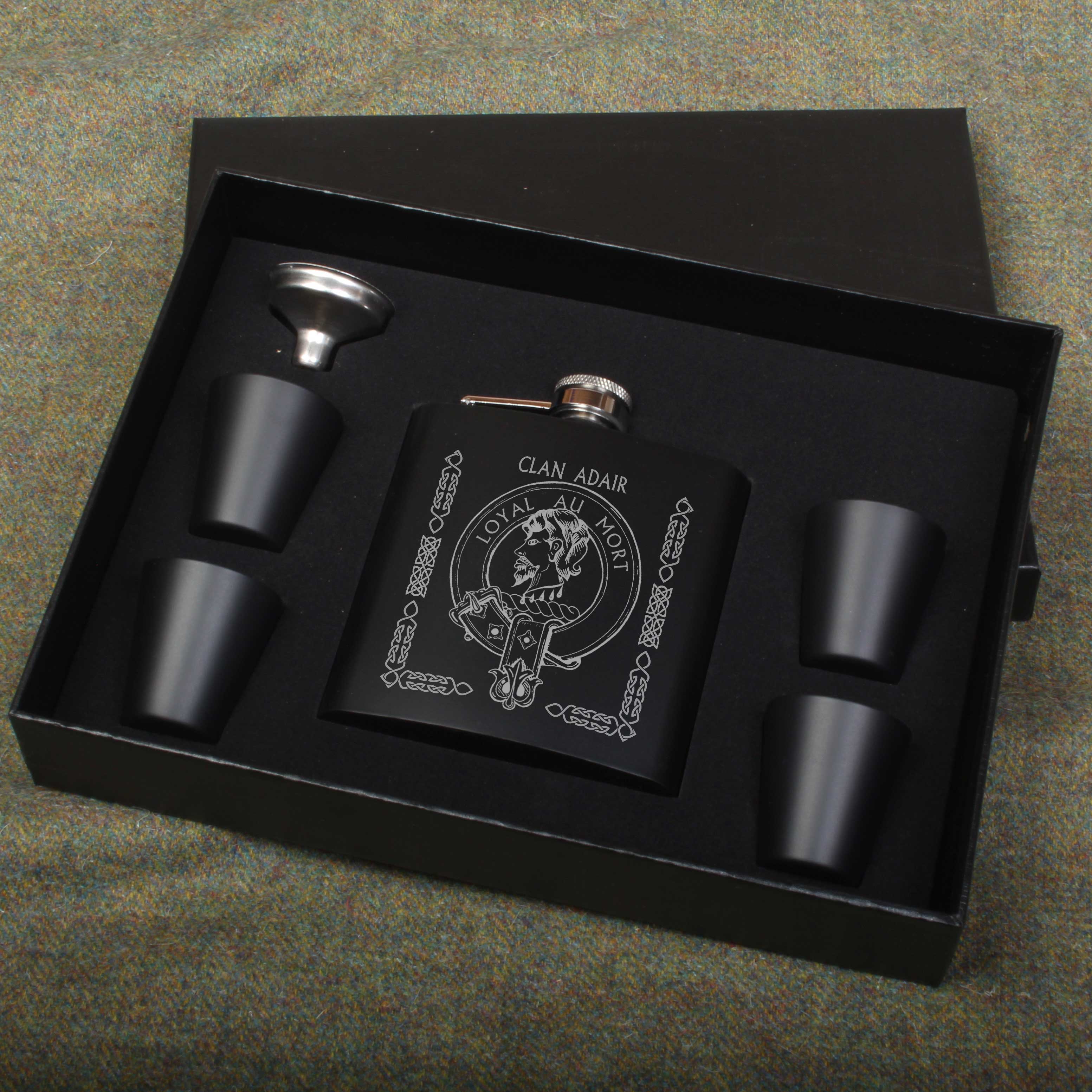 Adair Clan Crest engraved 6oz Matt Black Hip Flask Gift Set with Cups and Funnel