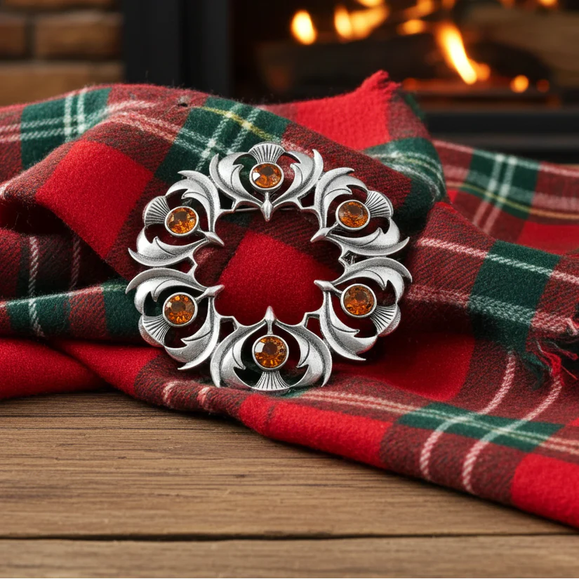 Antique Scottish Thistle Plaid Brooch - Small Stones