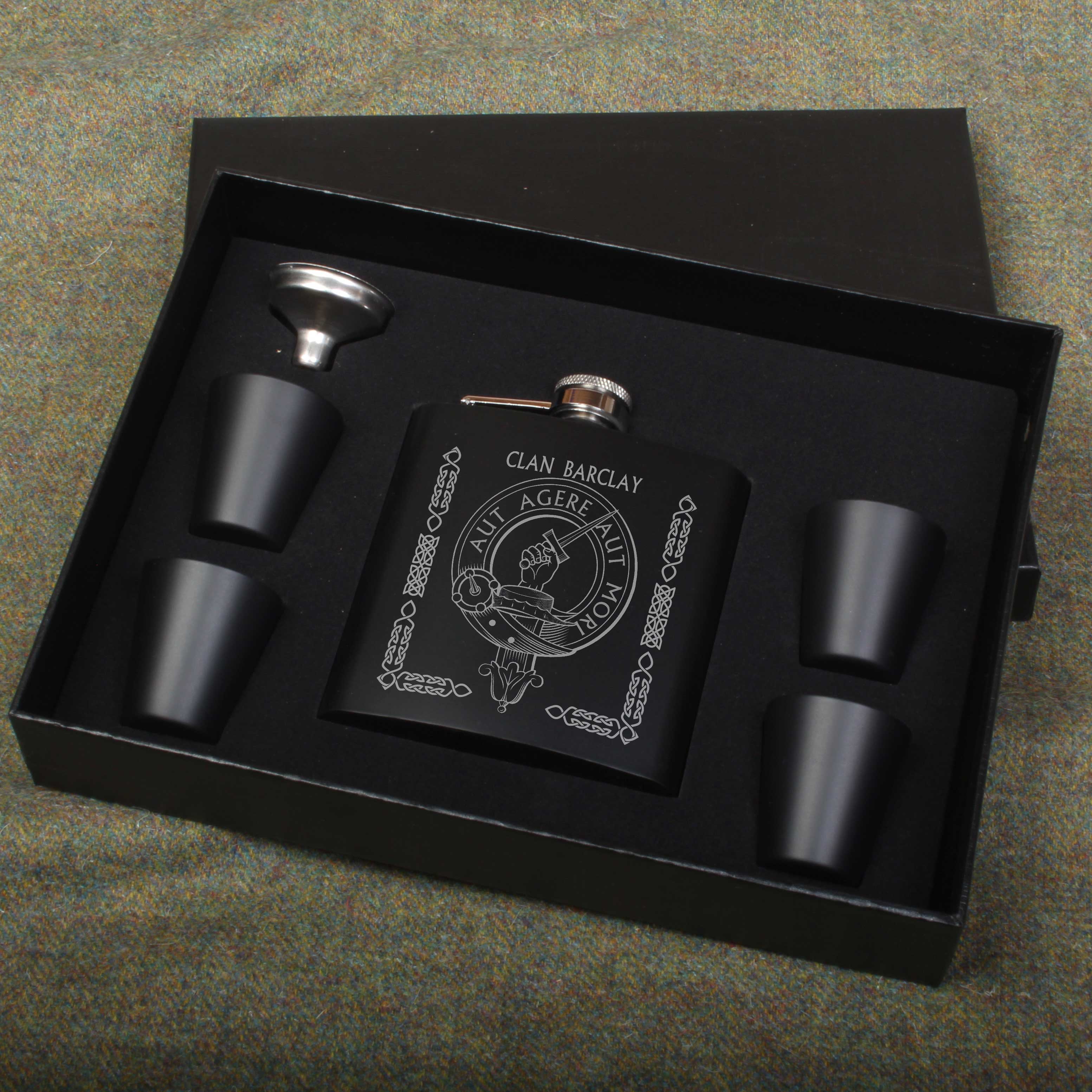 Barclay Clan Crest engraved 6oz Matt Black Hip Flask Gift Set with Cups and Funnel