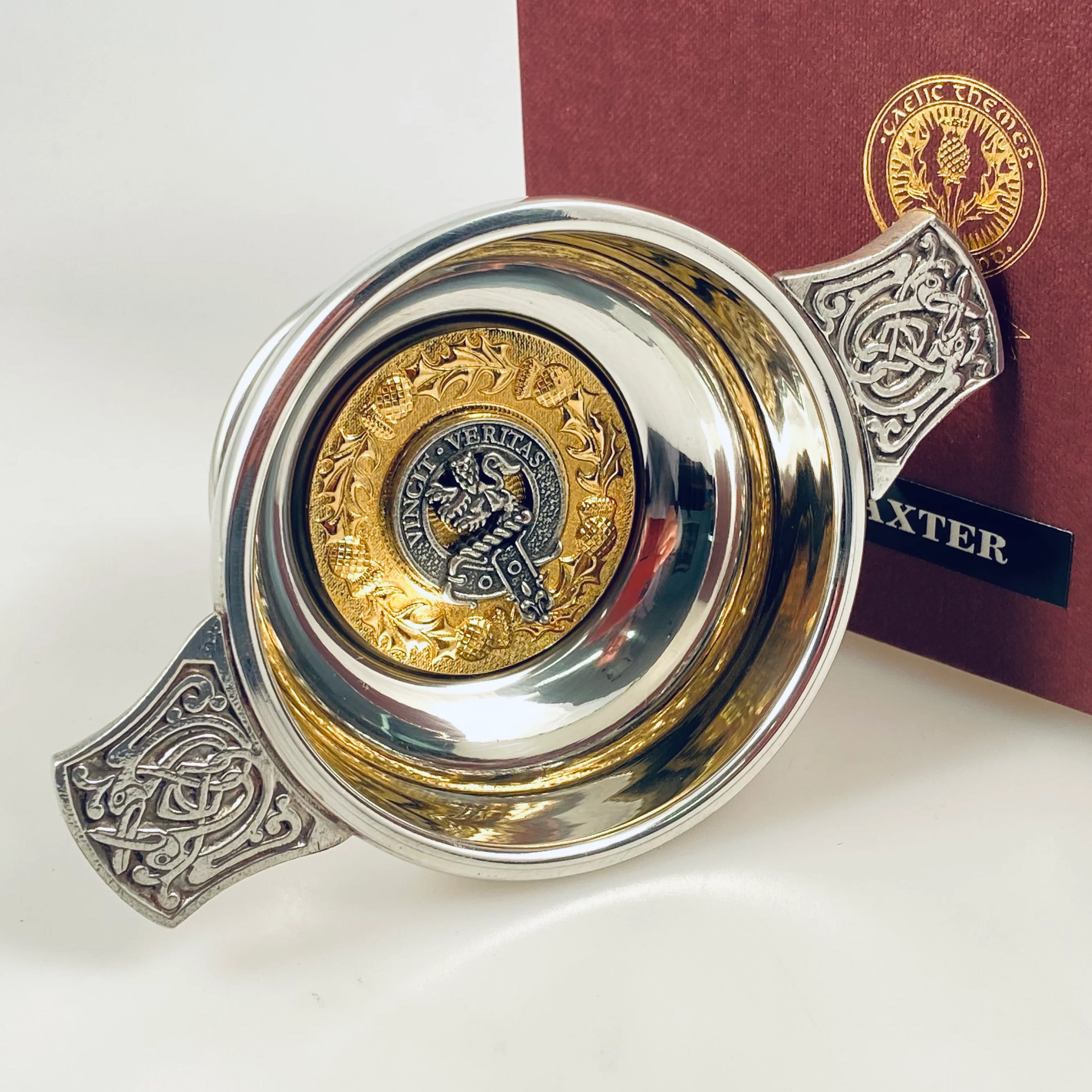 Baxter Clan Crest Quaich with Gold Trim