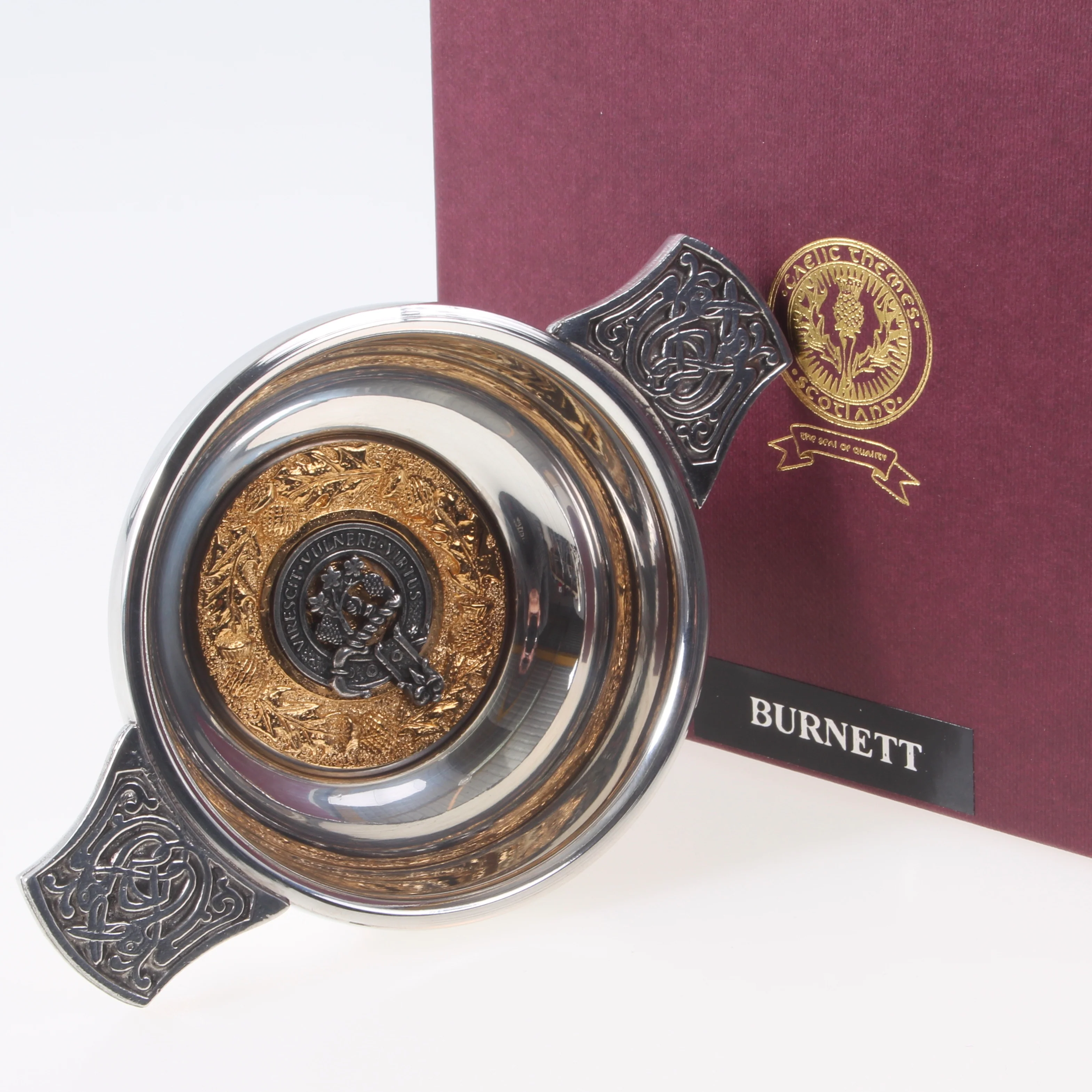 Burnett Clan Crest Quaich with Gold Trim