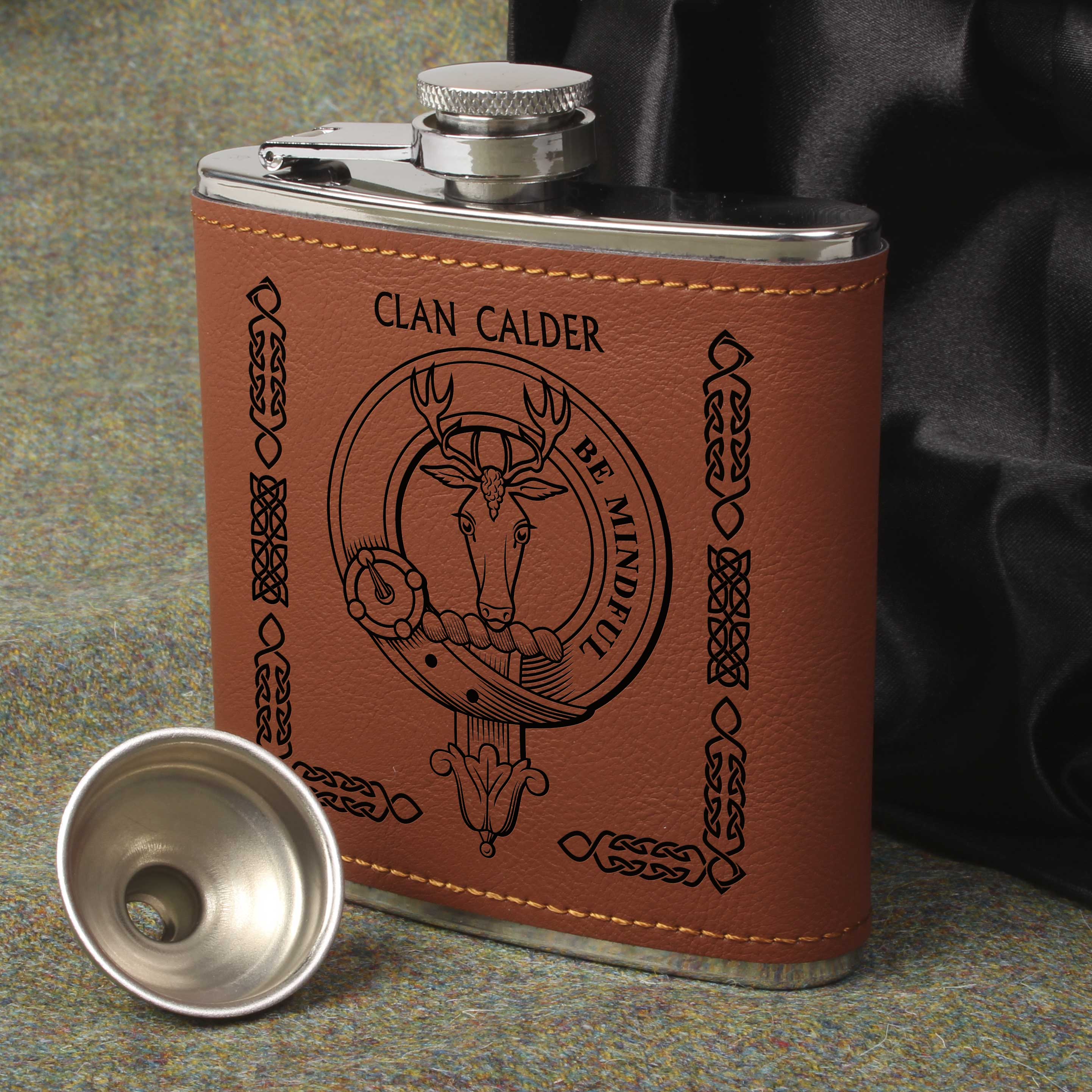 Calder Clan Crest PU Leather Covered Hip Flask