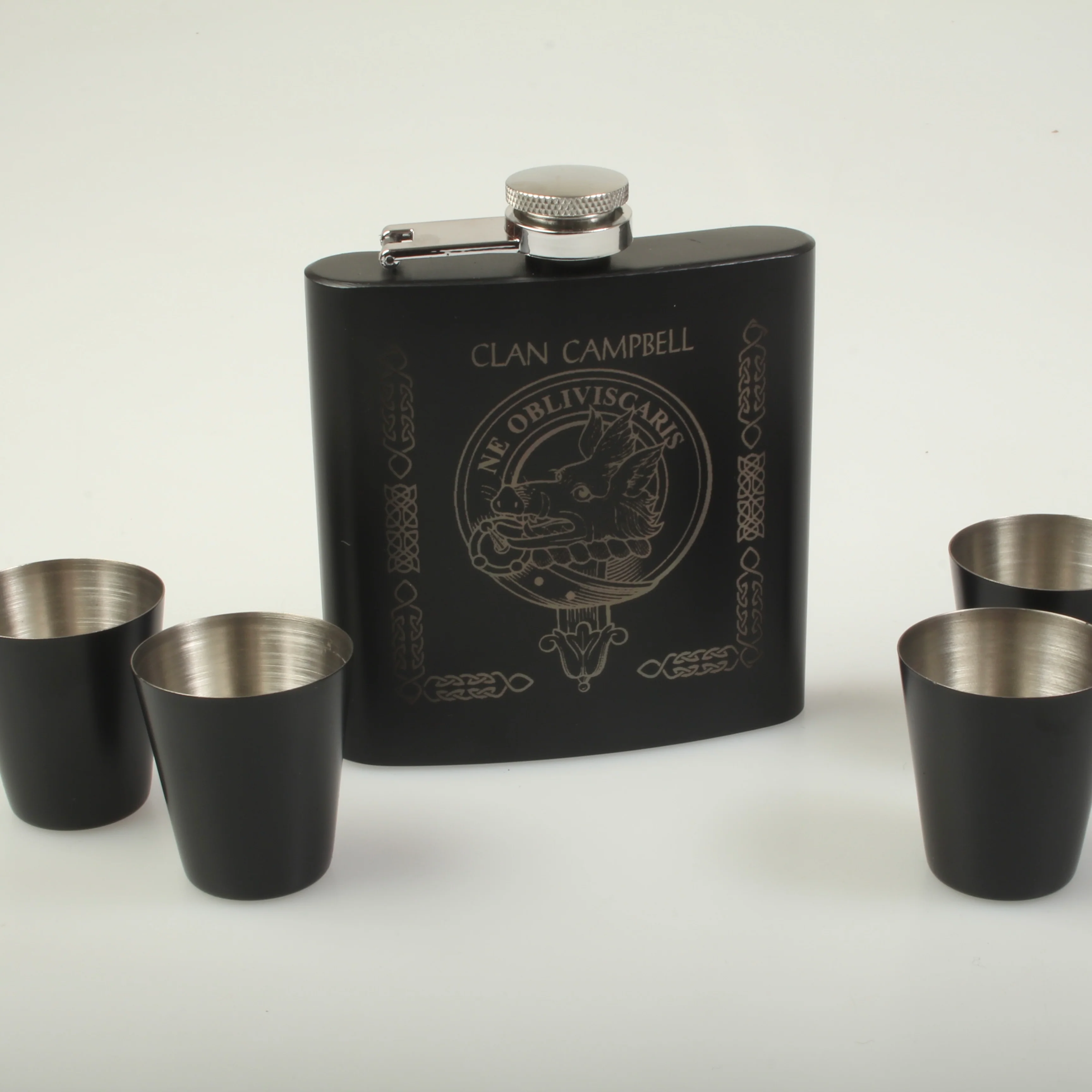 Campbell Clan Crest engraved 6oz Matt Black Hip Flask Gift Set with Cups and Funnel