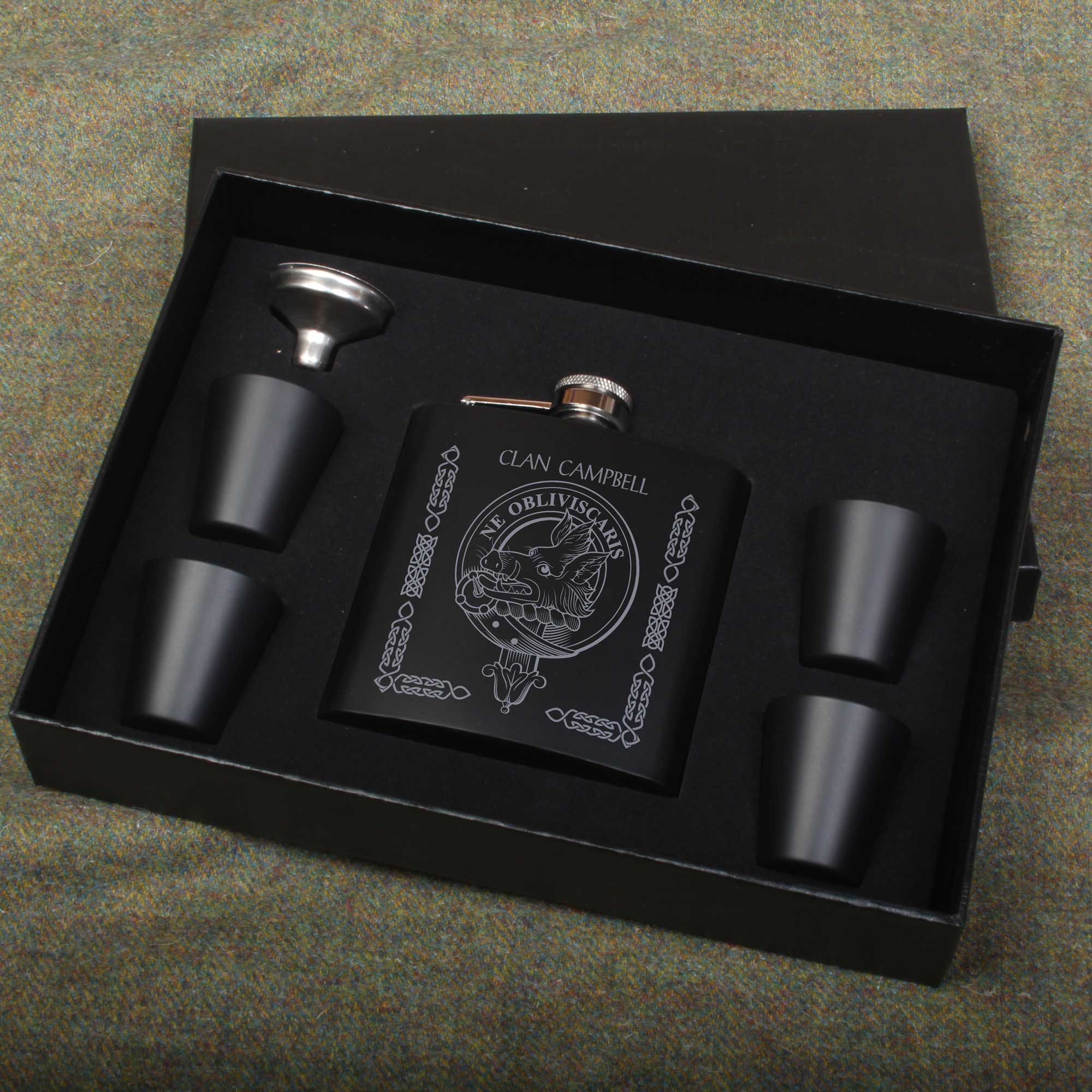 Campbell Clan Crest engraved 6oz Matt Black Hip Flask Gift Set with Cups and Funnel - Image 2