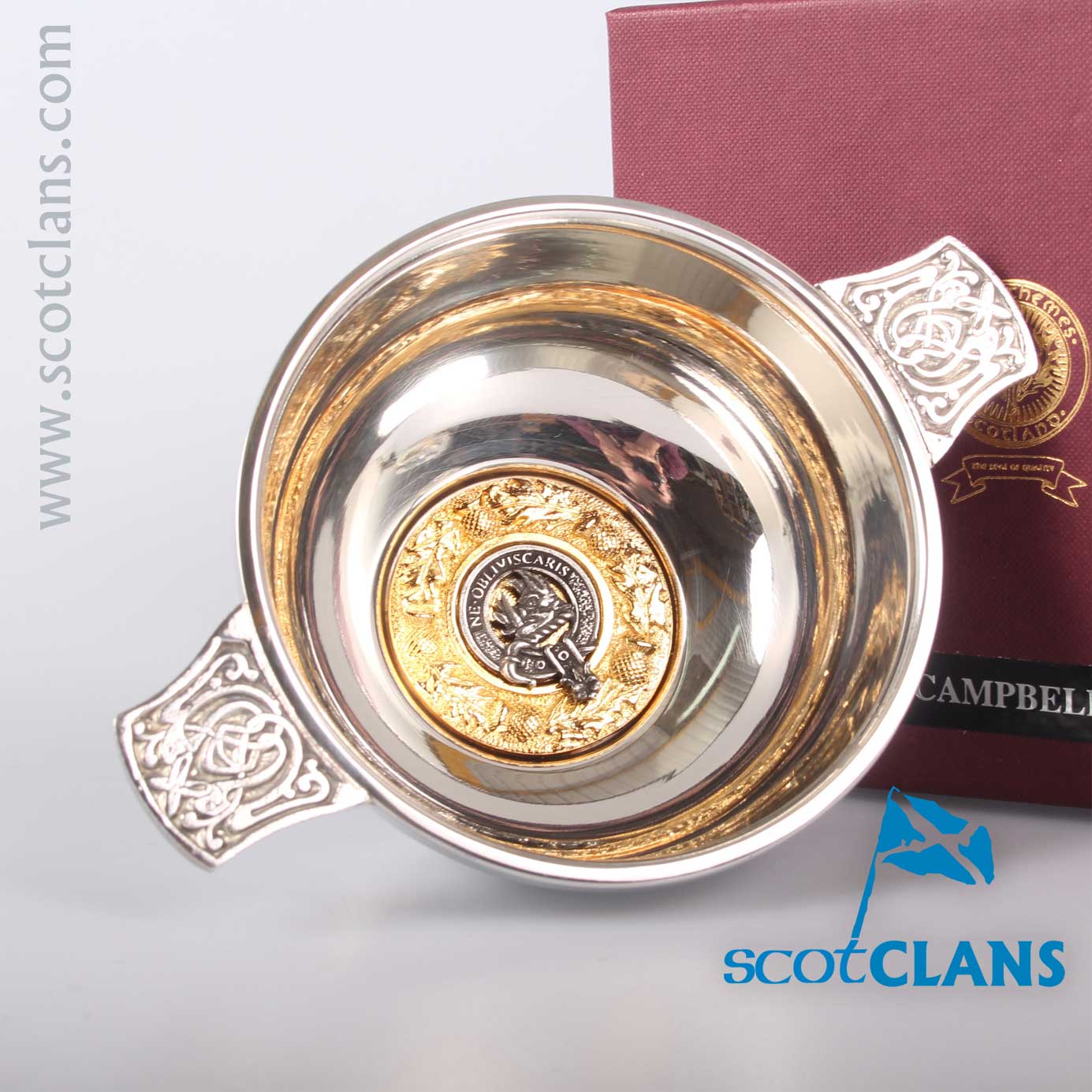 Cunningham Clan Crest Quaich with Gold Trim
