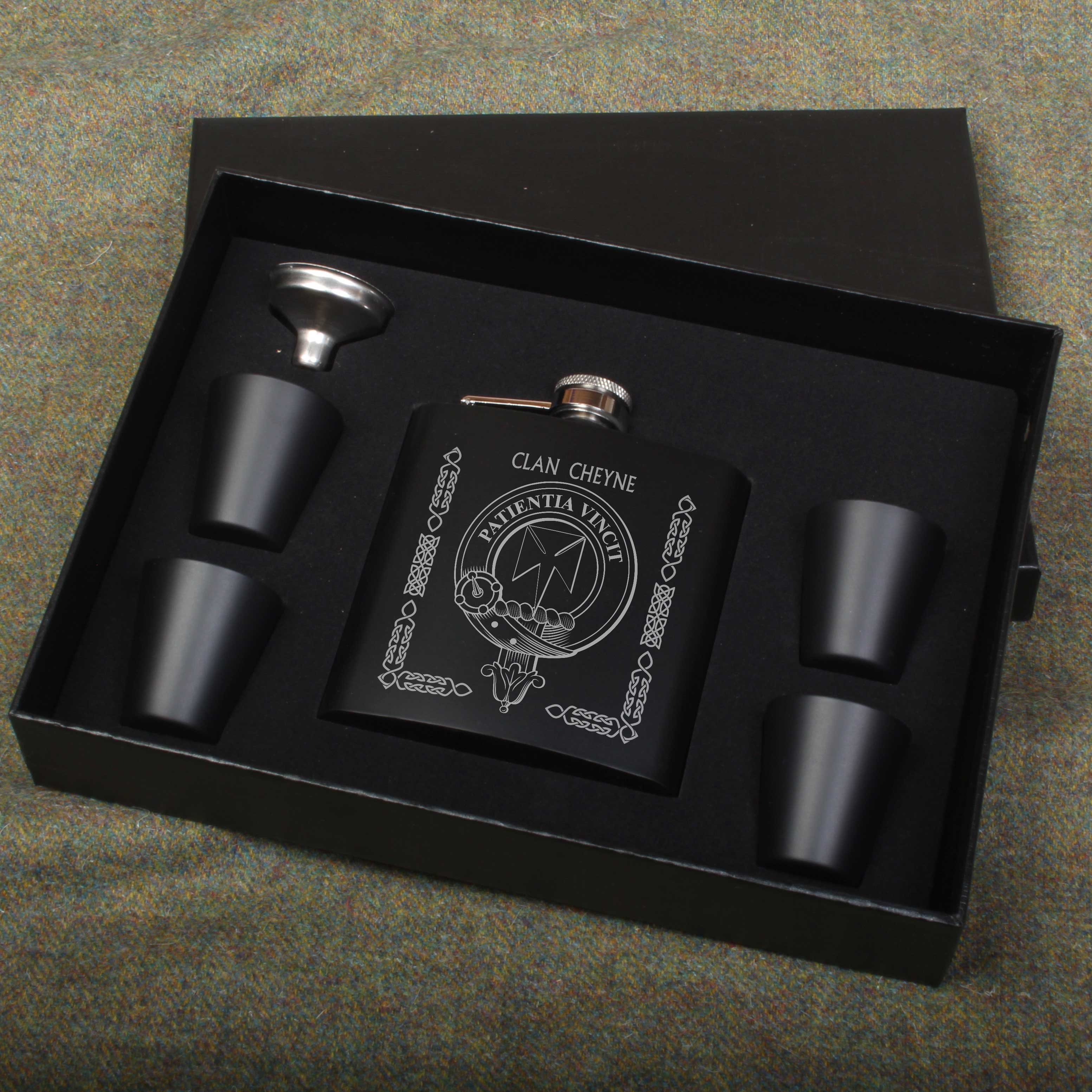 Cheyne Clan Crest Engraved 6oz Matt Black Hip Flask Gift Set with Cups and Funnel