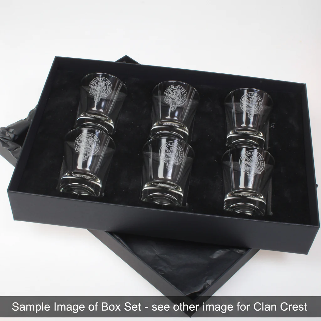 Clan Crest Dram Glass Set of 6 with MacKay Crest.