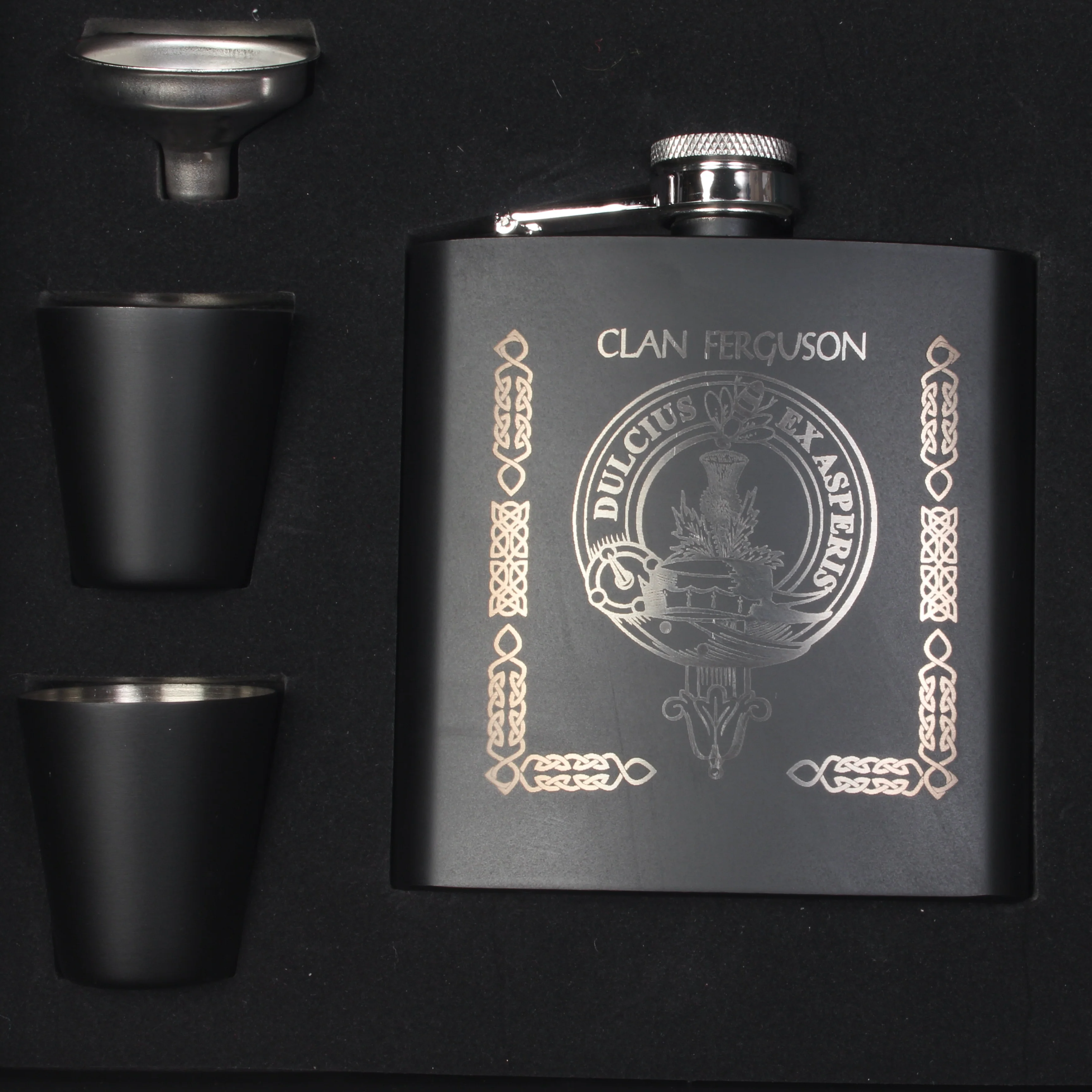 Clan Crest engraved 6oz Matt Black Hip Flask Gift Set with Cups and Funnel - Image 2