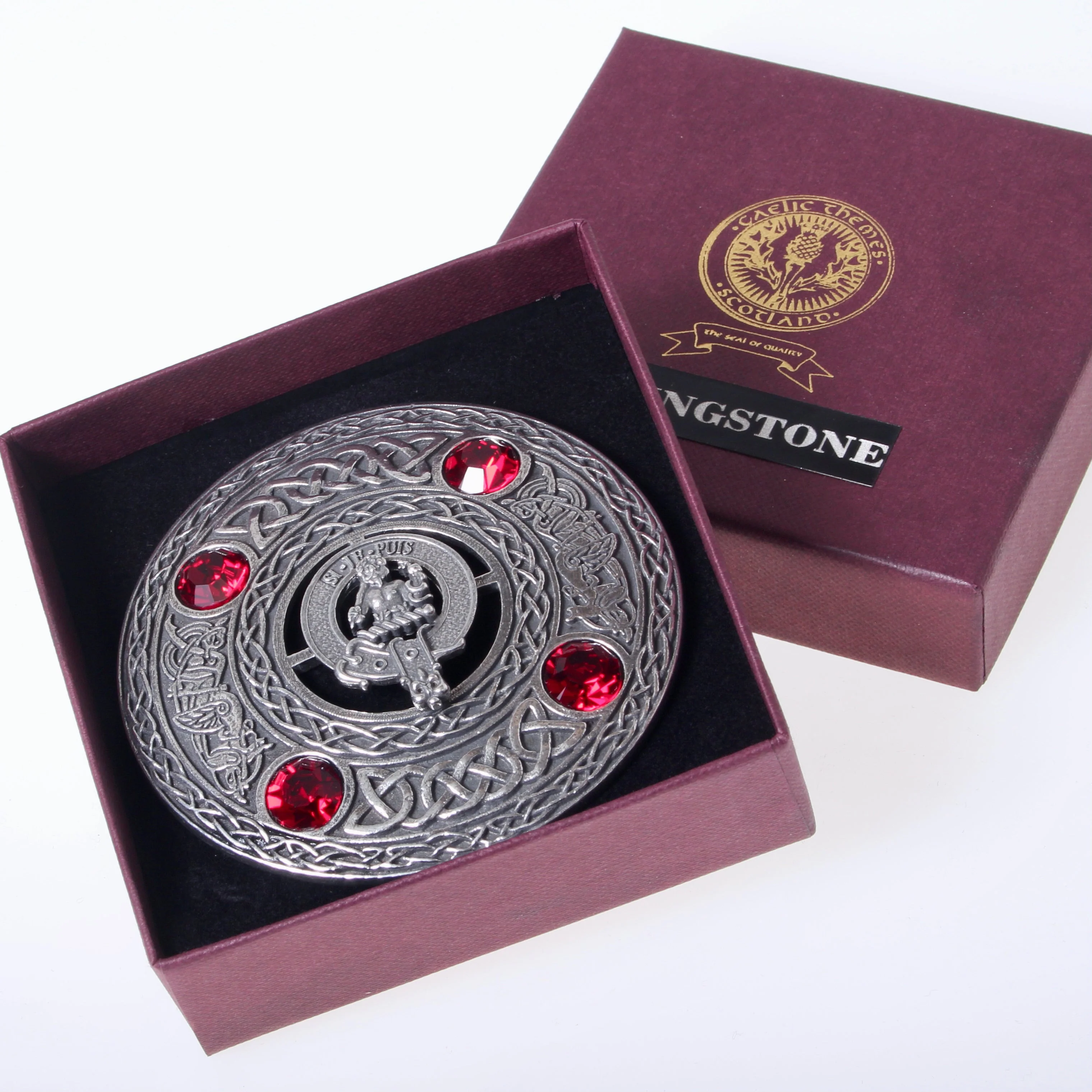 Clan Crest Pewter Large Plaid Brooch with Stones - Image 3