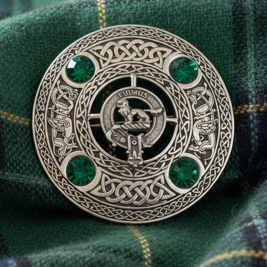 Clan Crest Pewter Plaid Brooch with Emerald Stone