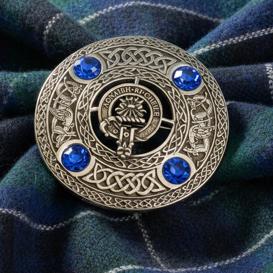 Clan Crest Pewter Plaid Brooch with Sapphire Stone