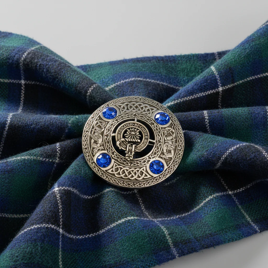 Clan Crest Pewter Plaid Brooch with Sapphire Stone - Image 3