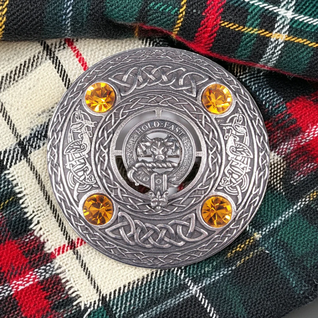 Clan Crest Pewter Plaid Brooch with Topaz Stone