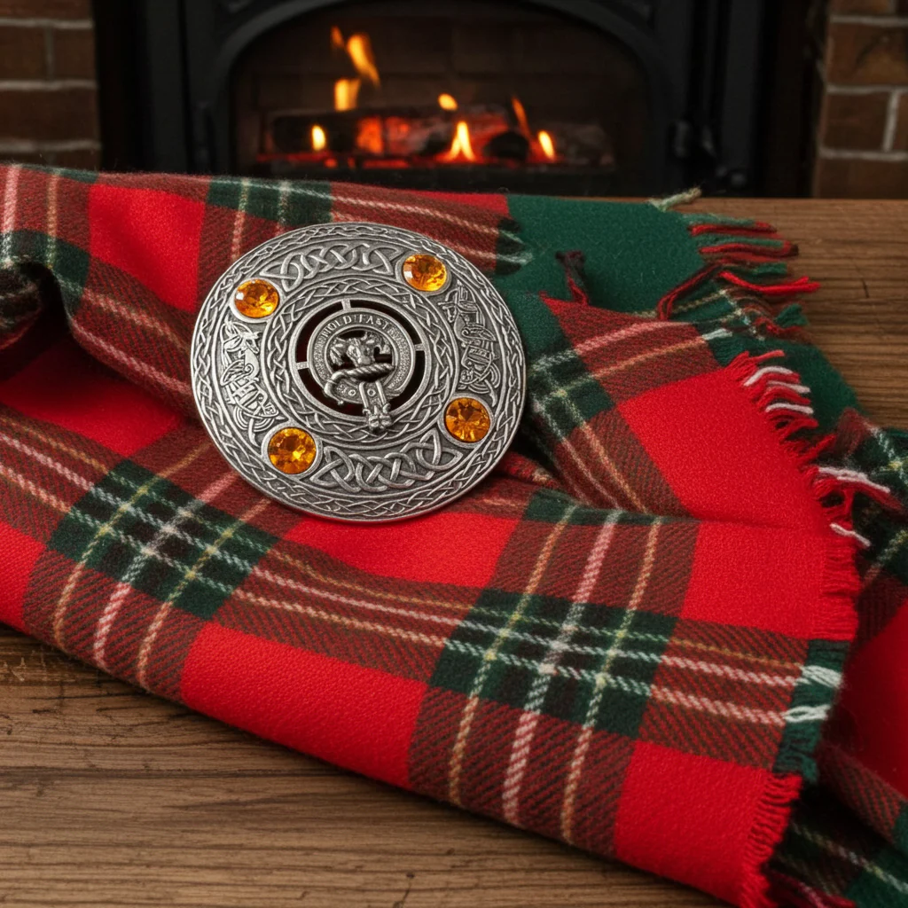 Clan Crest Pewter Plaid Brooch with Topaz Stone - Image 2