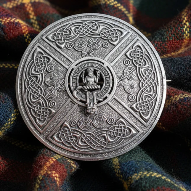 Scottish Clan Crest Saltire Plaid Brooch