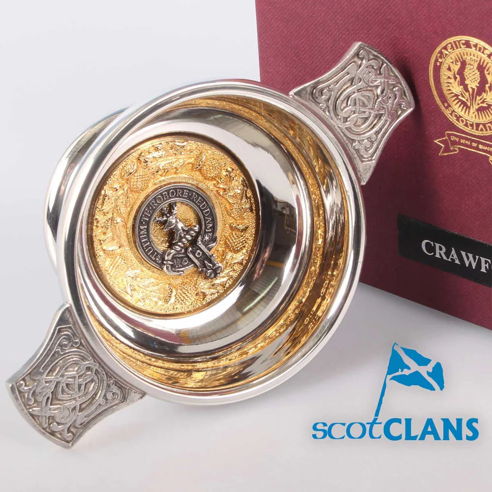 Crawford Clan Crest Quaich with Gold Trim