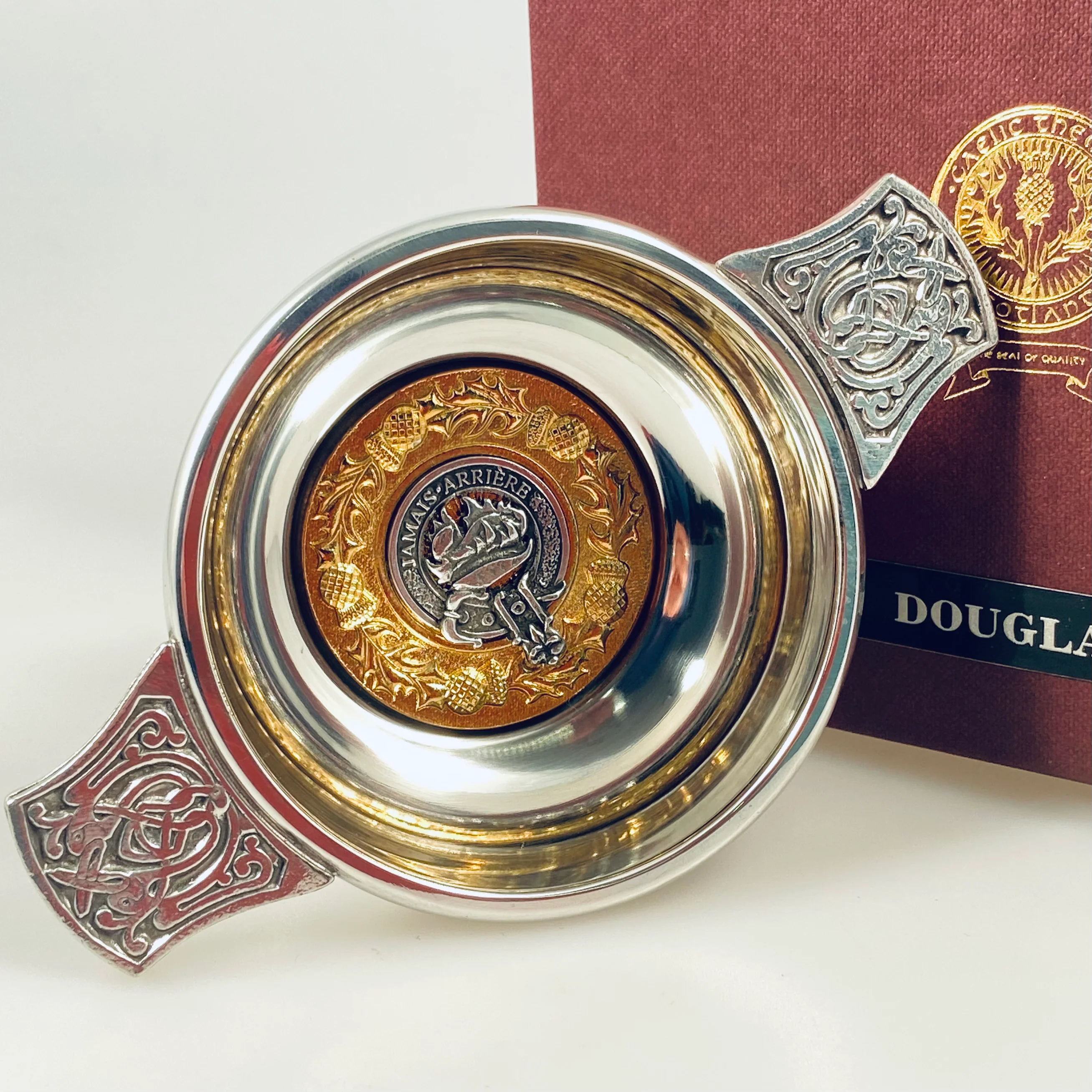 Douglas Clan Crest Quaich with Gold Trim