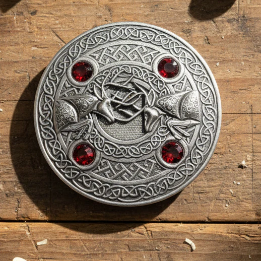 Fighting Stags 4 Stone Pewter Plaid Brooch