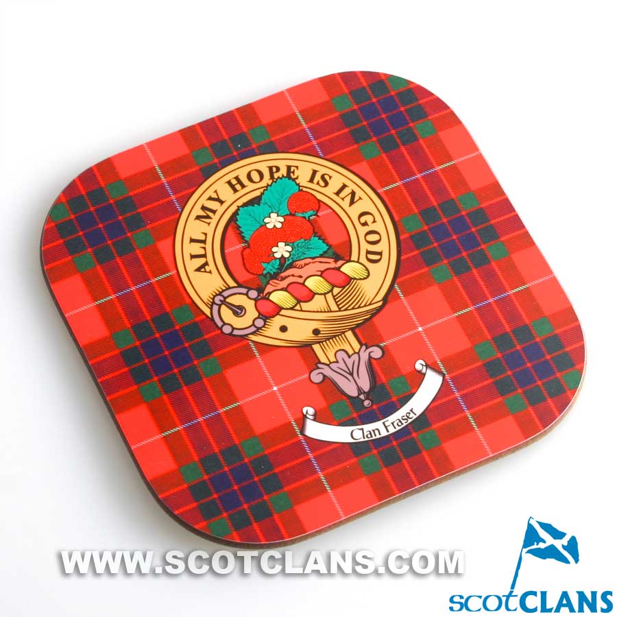 Fraser Clan Crest and Tartan Wooden Coaster 4 Pack