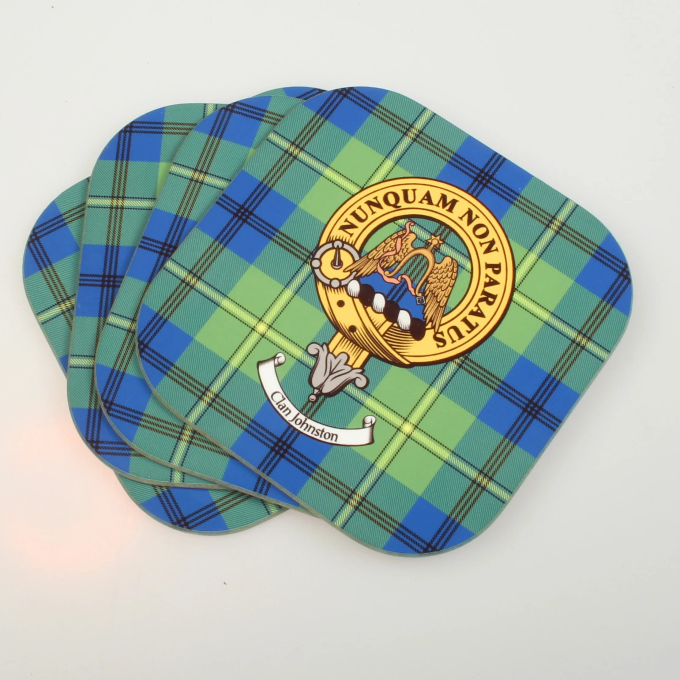 Johnstone Clan Crest and Tartan Wooden Coaster 4 Pack - Image 2