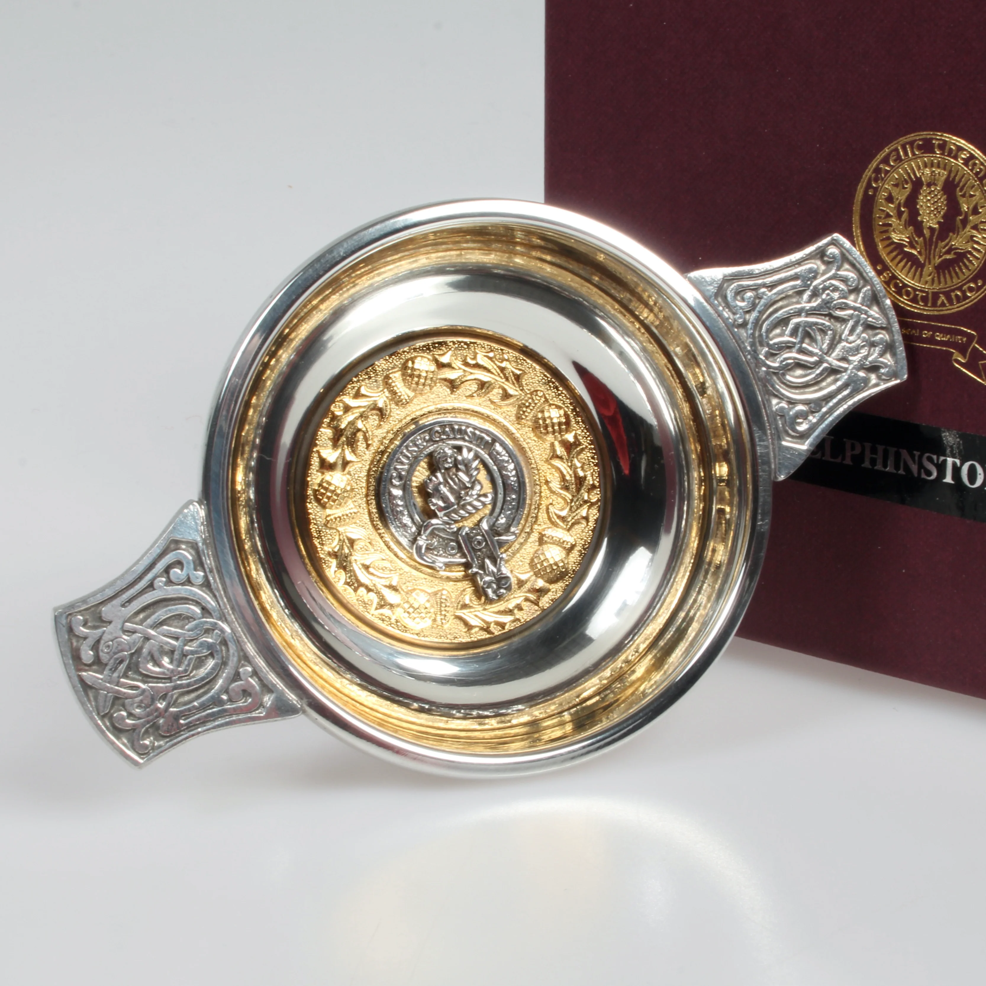 Johnstone Clan Crest Quaich with Gold Trim