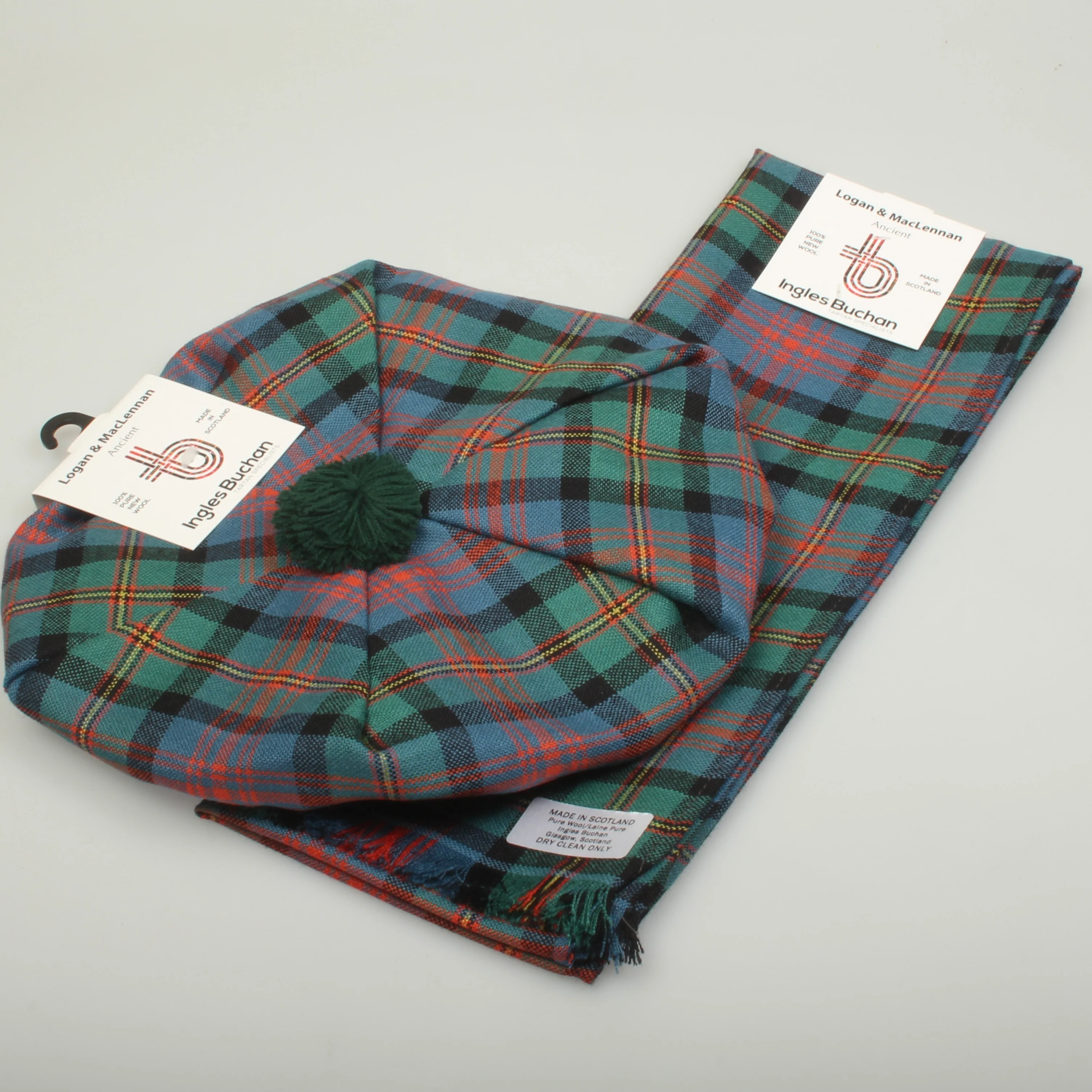 Lightweight Tartan Tam and Scarf Set in Logan and MacLennan Ancient