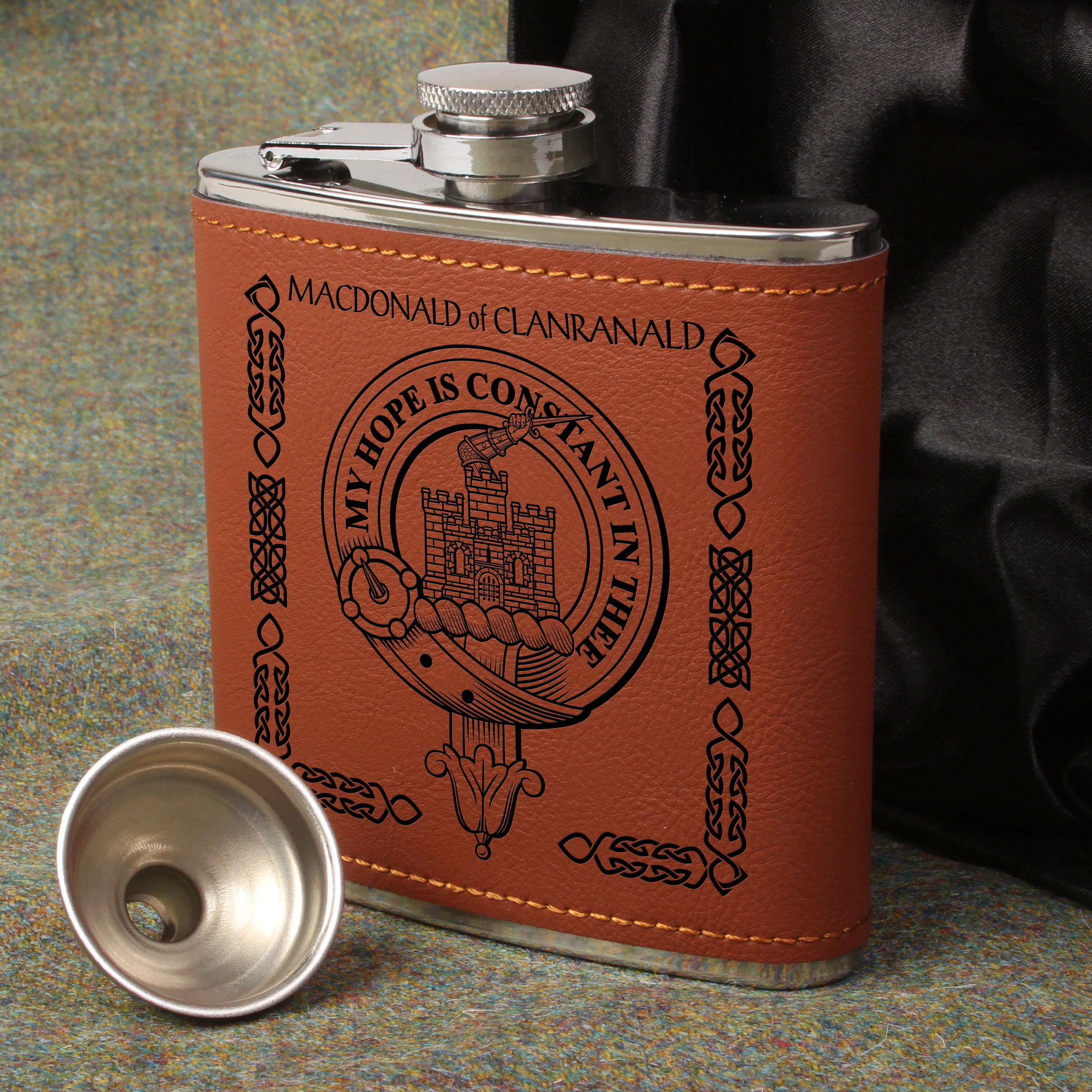 MacDonald of Clanranald Clan Crest PU Leather Covered Hip Flask
