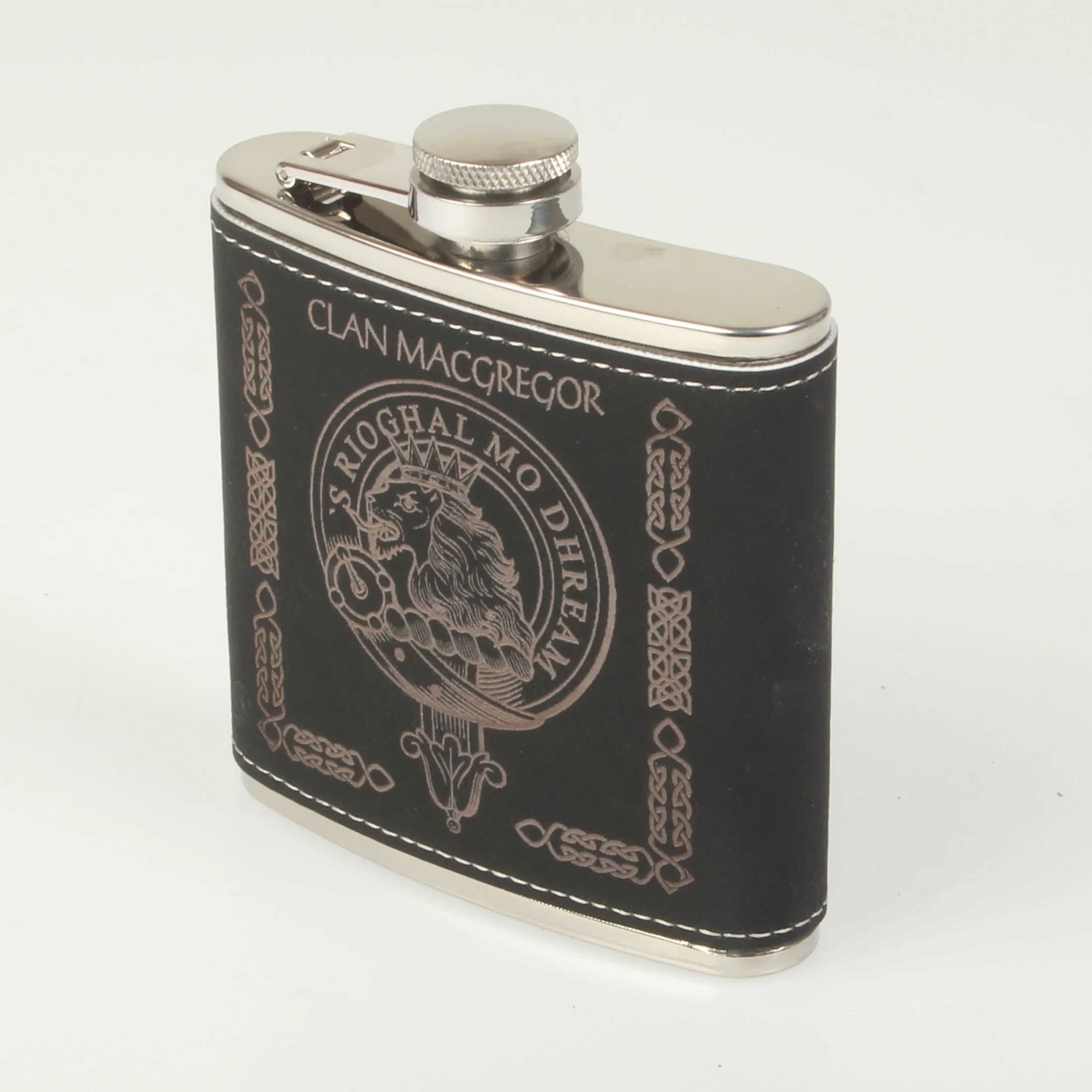 MacGregor Clan Crest Black PU Leather Covered Hip Flask