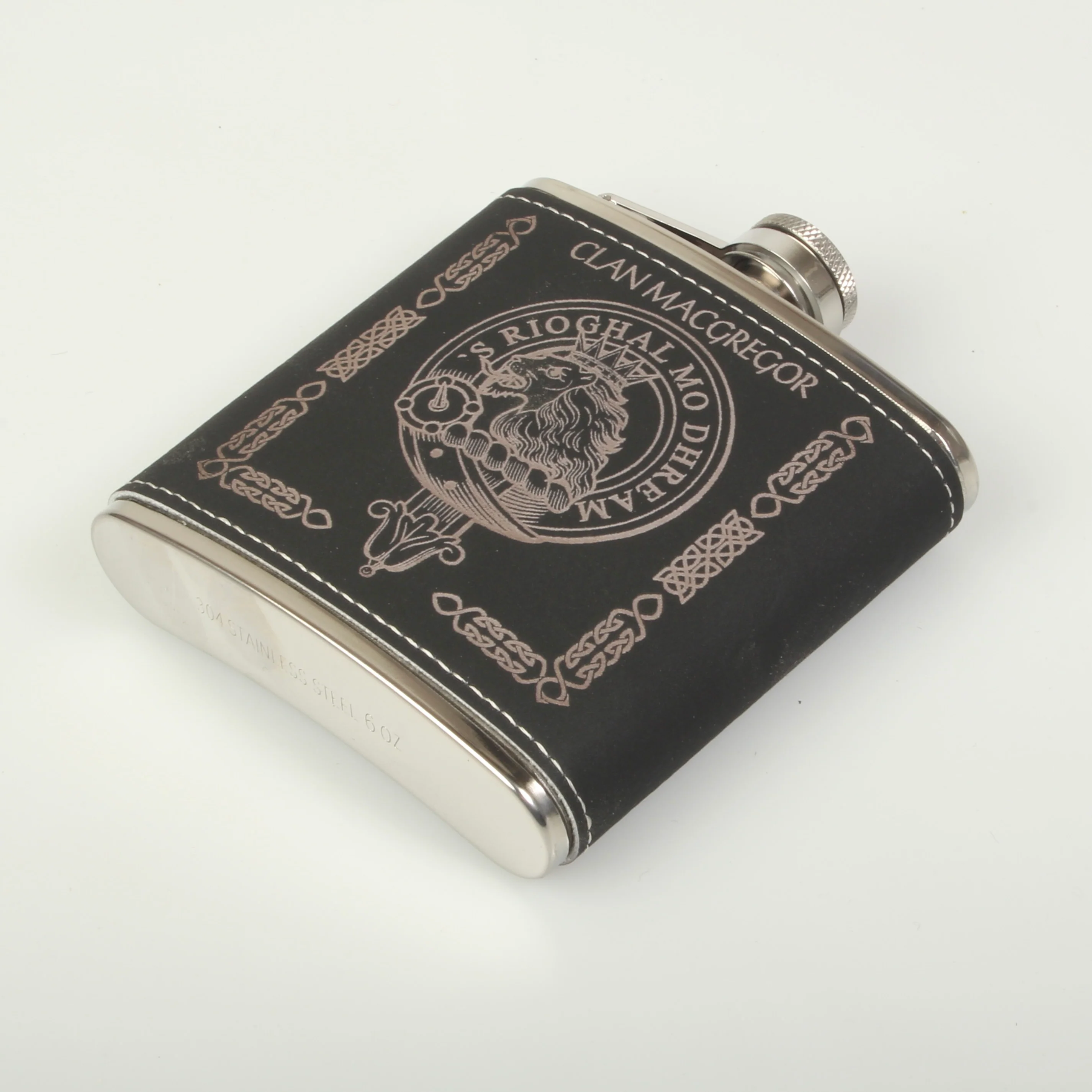 MacGregor Clan Crest Black PU Leather Covered Hip Flask - Image 2