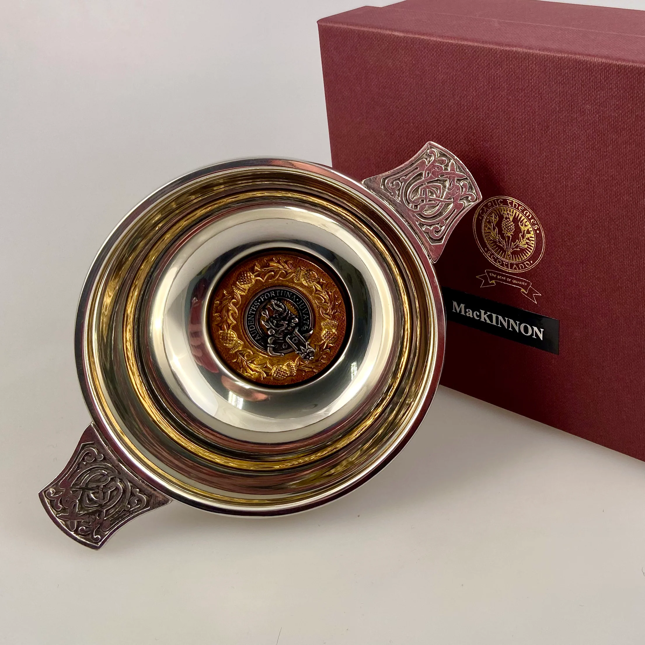 MacKinnon Clan Crest Quaich with Gold Trim
