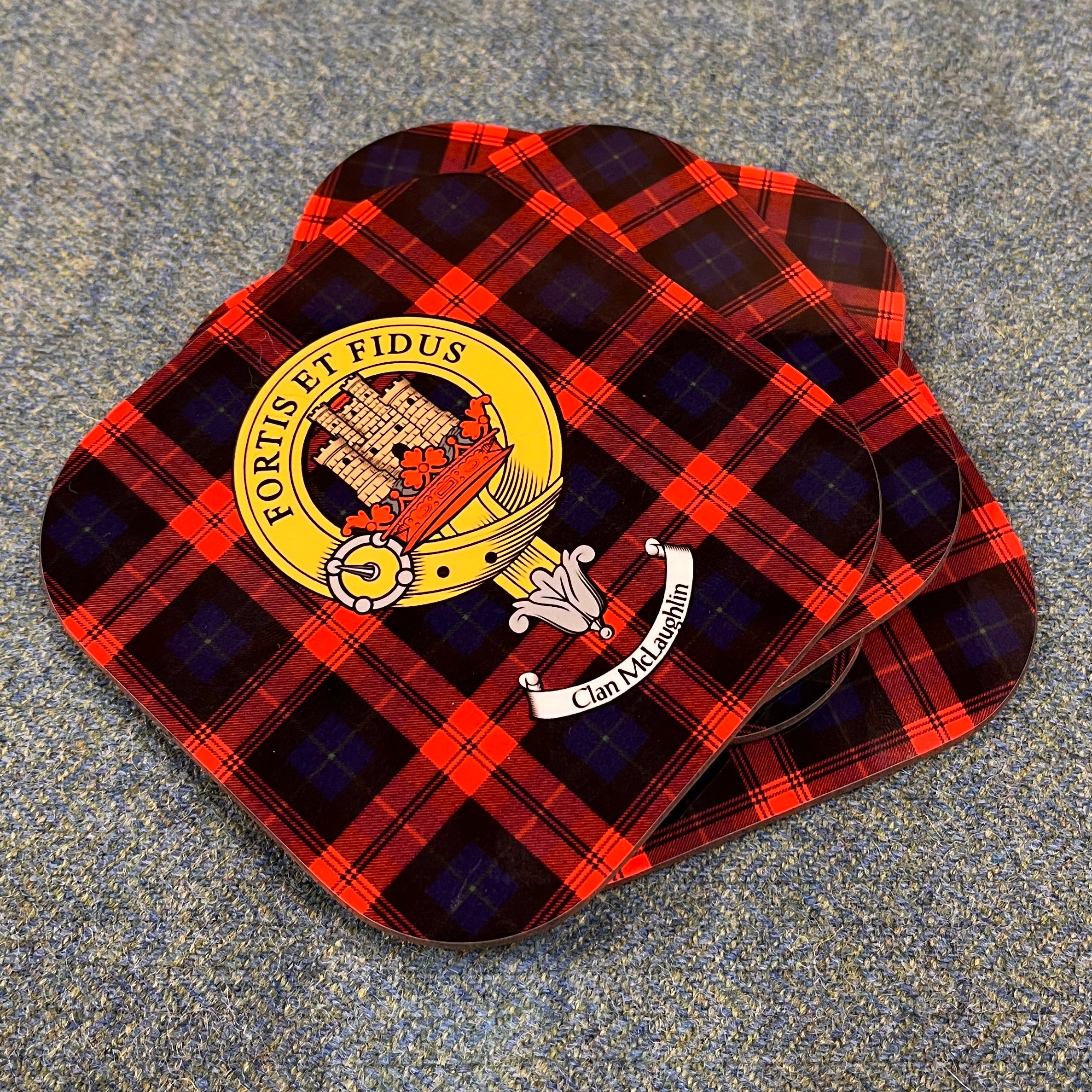 MacLachlan Clan Crest and Tartan Wooden Coaster 4 Pack - Image 2
