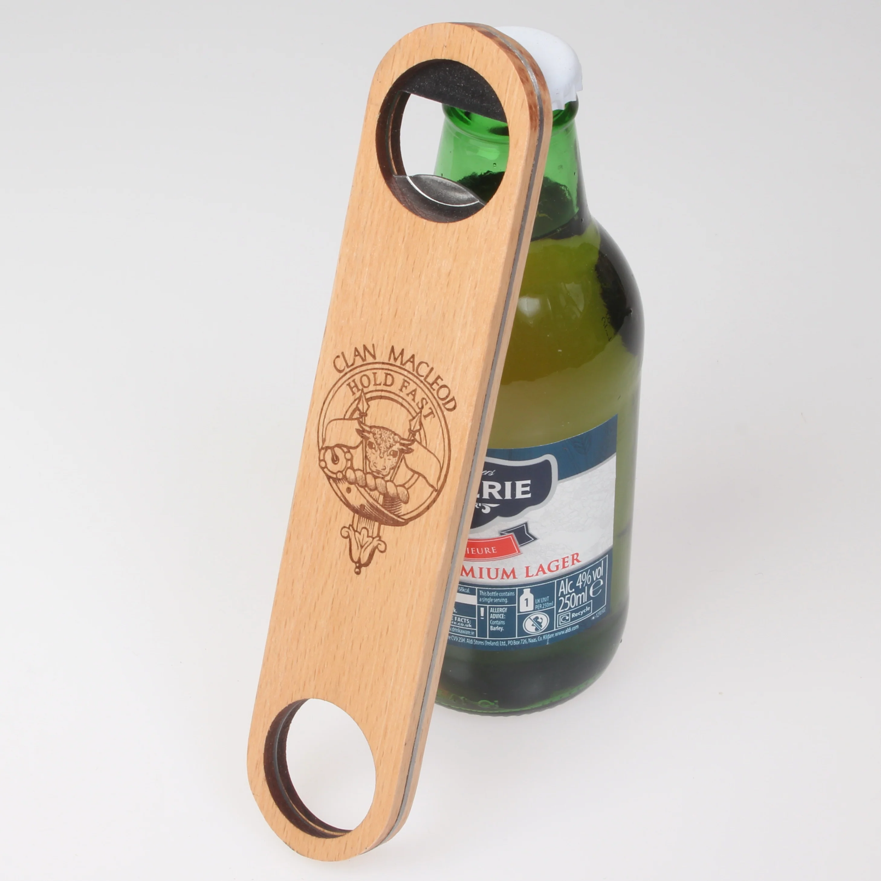 MacLeod Clan Crest Engraved Wooden Bottle Opener - Image 2