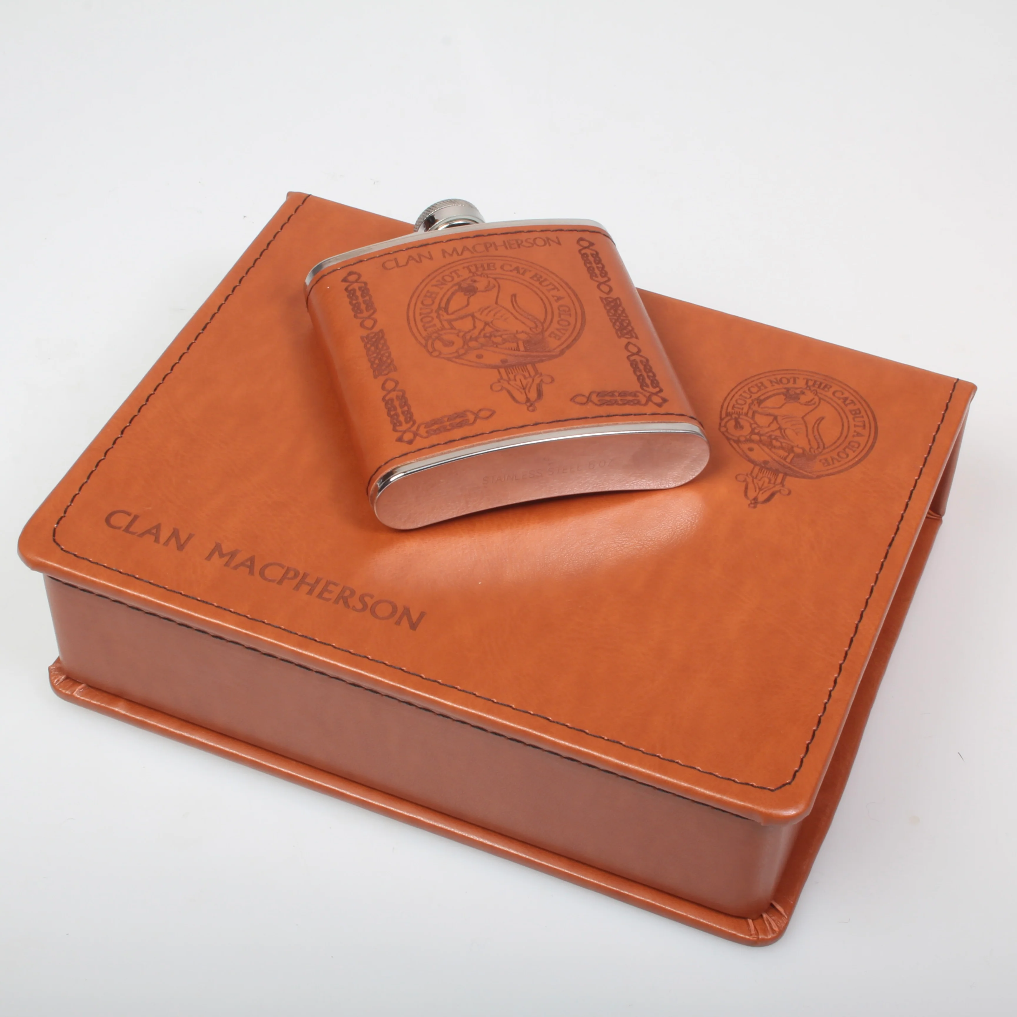 MacPherson Clan Crest Hip Flask Gift Set - Boxed - Image 2
