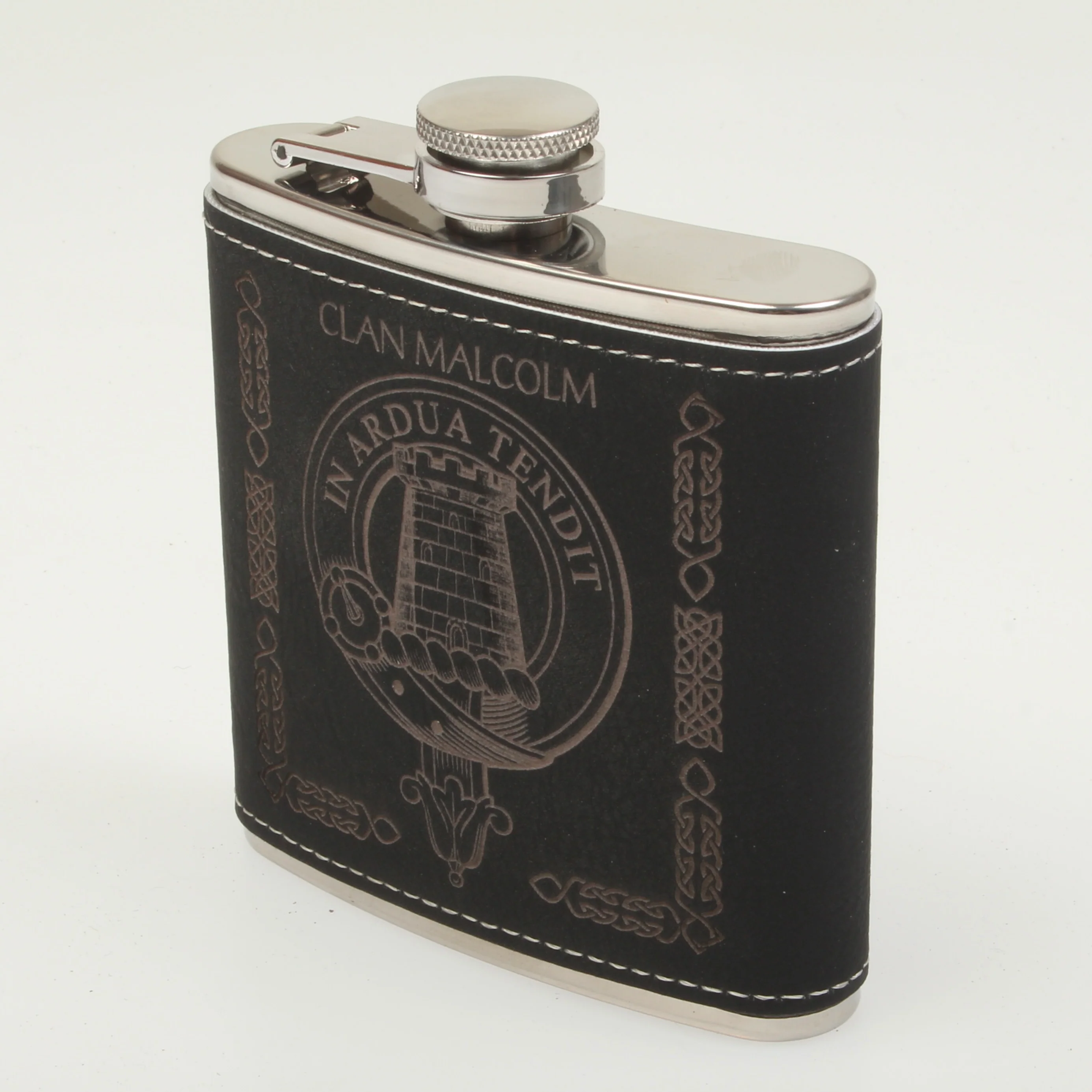 Malcolm Clan Crest Black PU Leather Covered Hip Flask - Image 2