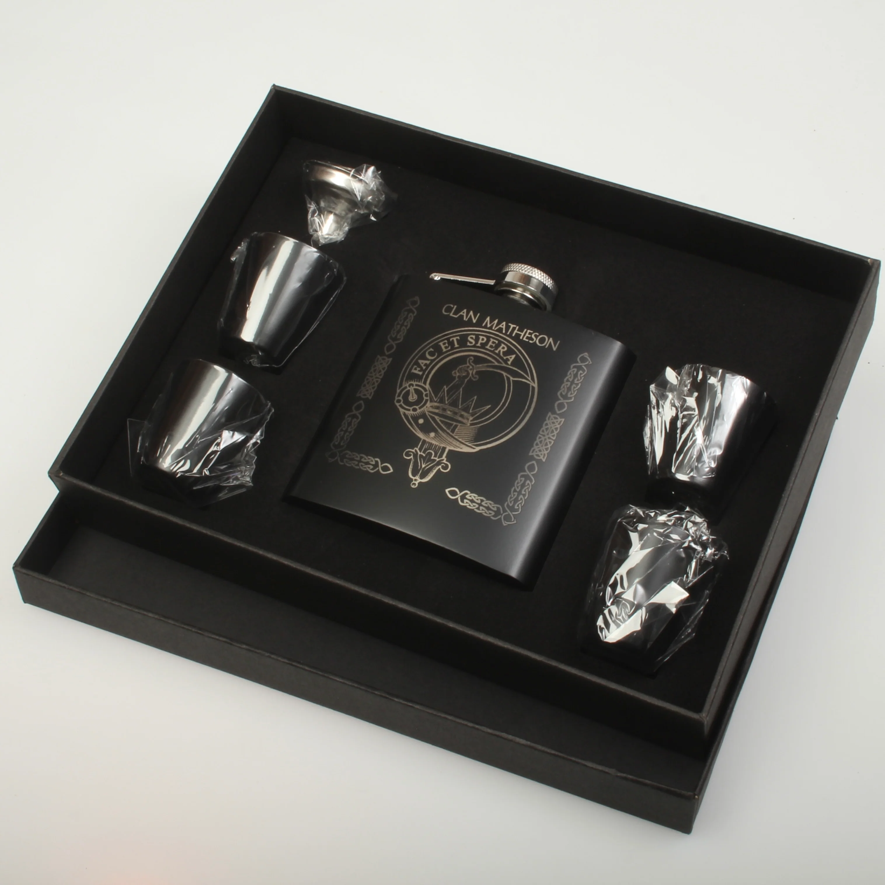 Matheson Clan Crest engraved 6oz Matt Black Hip Flask Gift Set with Cups and Funnel