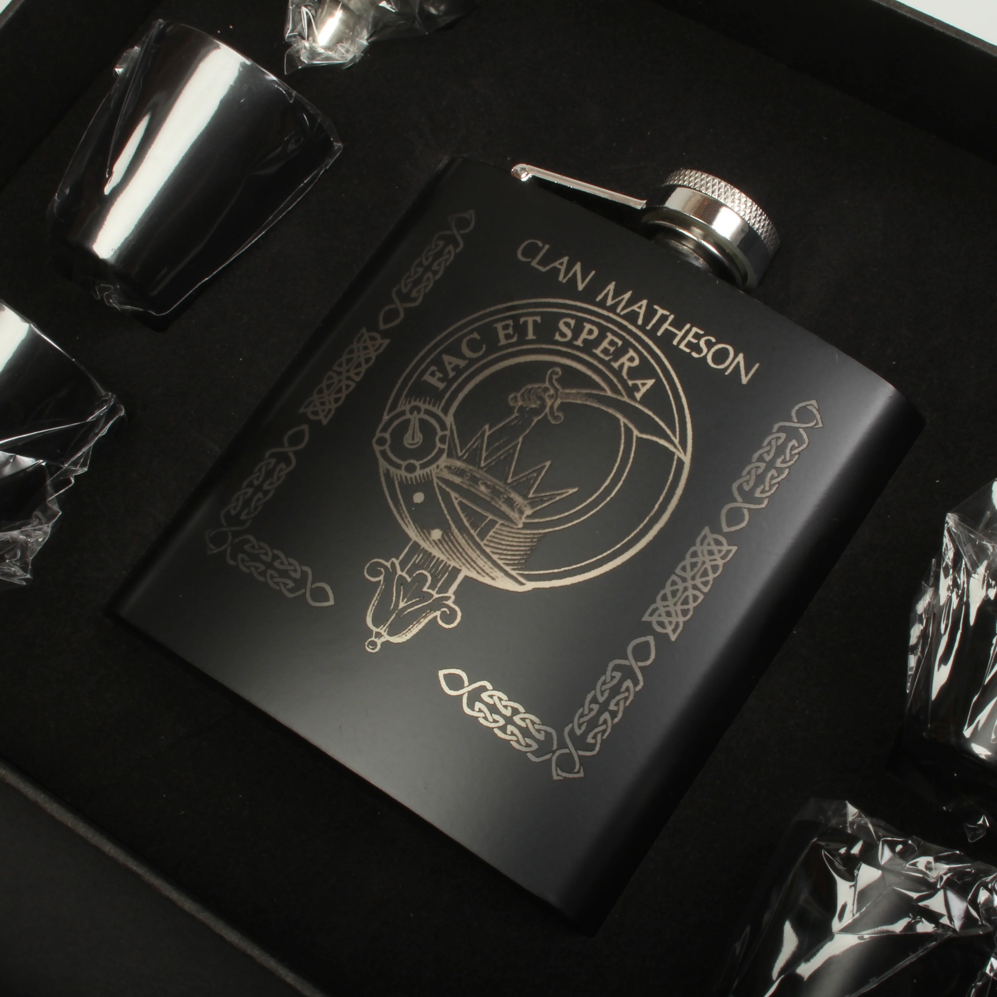 Matheson Clan Crest engraved 6oz Matt Black Hip Flask Gift Set with Cups and Funnel - Image 3