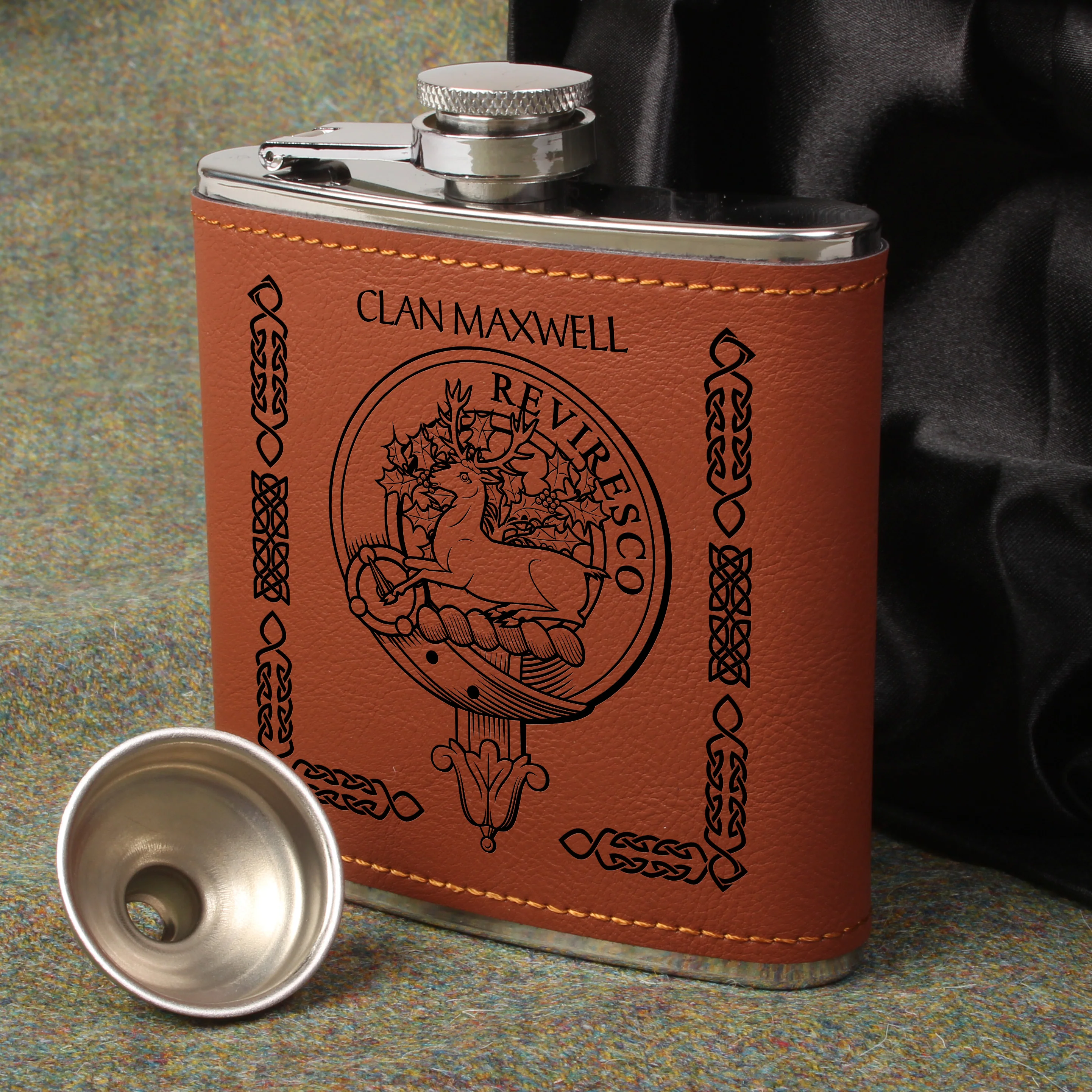 Maxwell Clan Crest PU Leather Covered Hip Flask