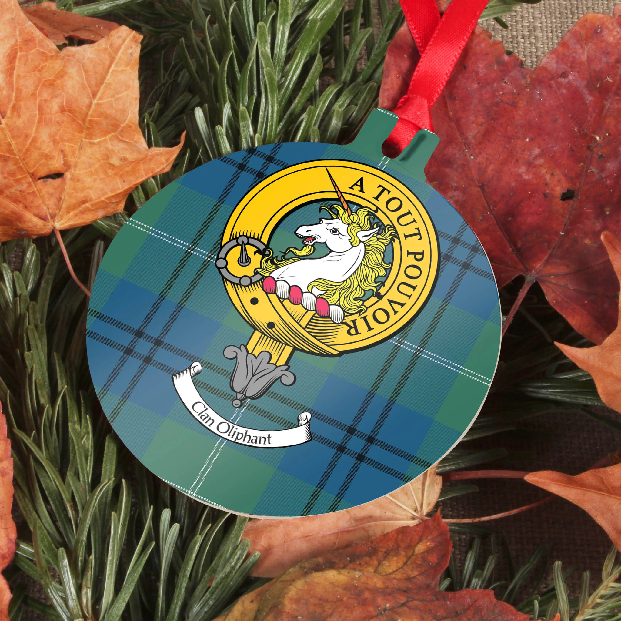 Oliphant Clan Crest and Tartan Metal Christmas Ornament - 6 Styles Available
