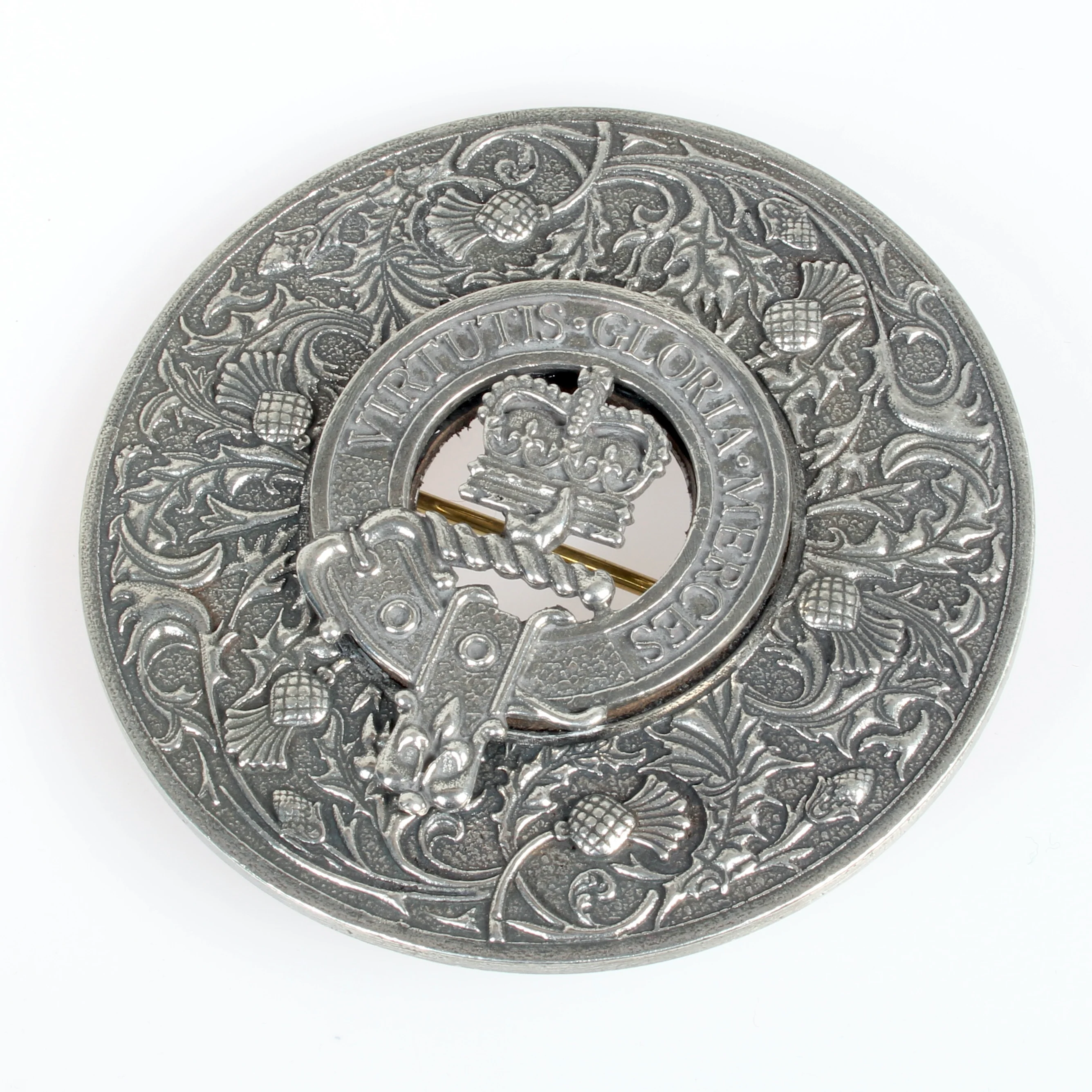 Large Caledonia Thistle Clan Crest Plaid Brooch - Image 2
