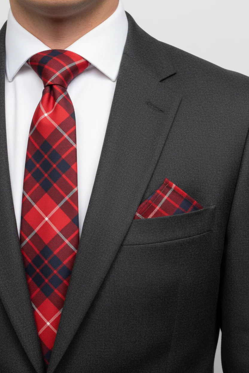 Tie and Pocket Square Gift Set - Hamilton Red Modern Tartan