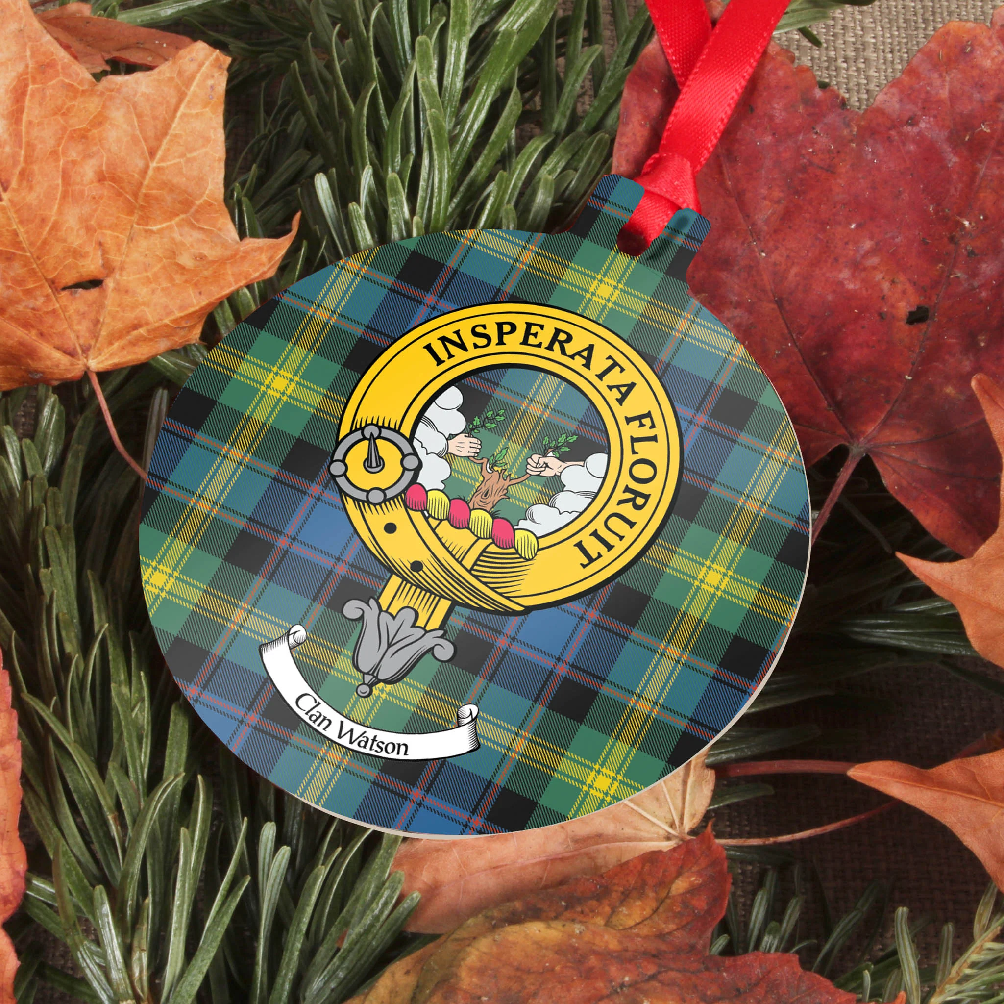Watson Clan Crest and Tartan Metal Christmas Ornament - 6 Styles Available