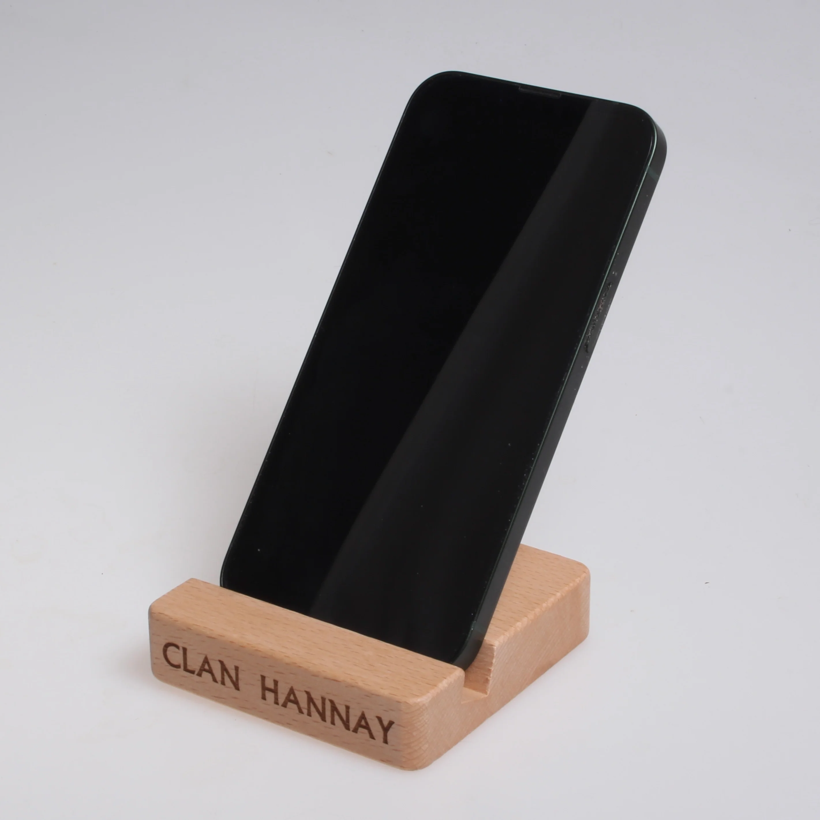 Wooden Cell Phone Stand with Engraved Clan Crest - Image 2